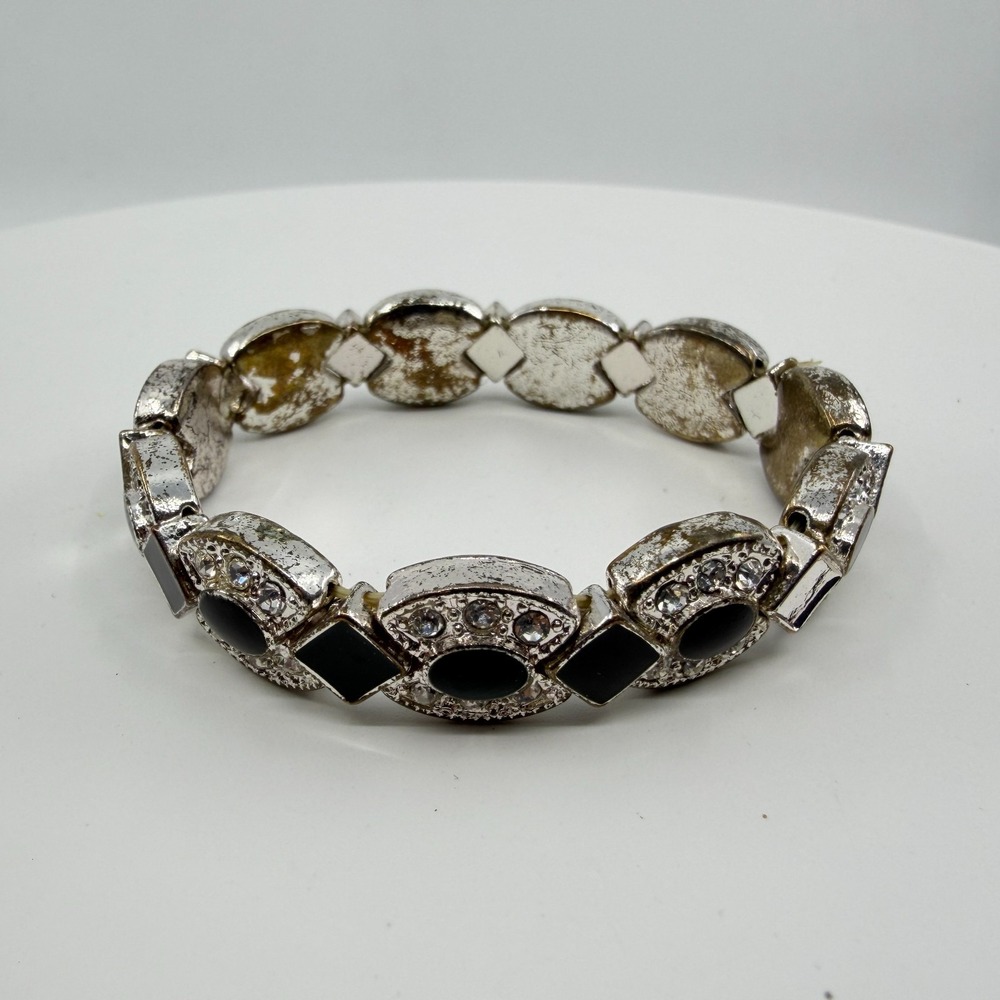 Black Stone Rhinestone Stretch Bracelet - Silver Tone Boho Statement